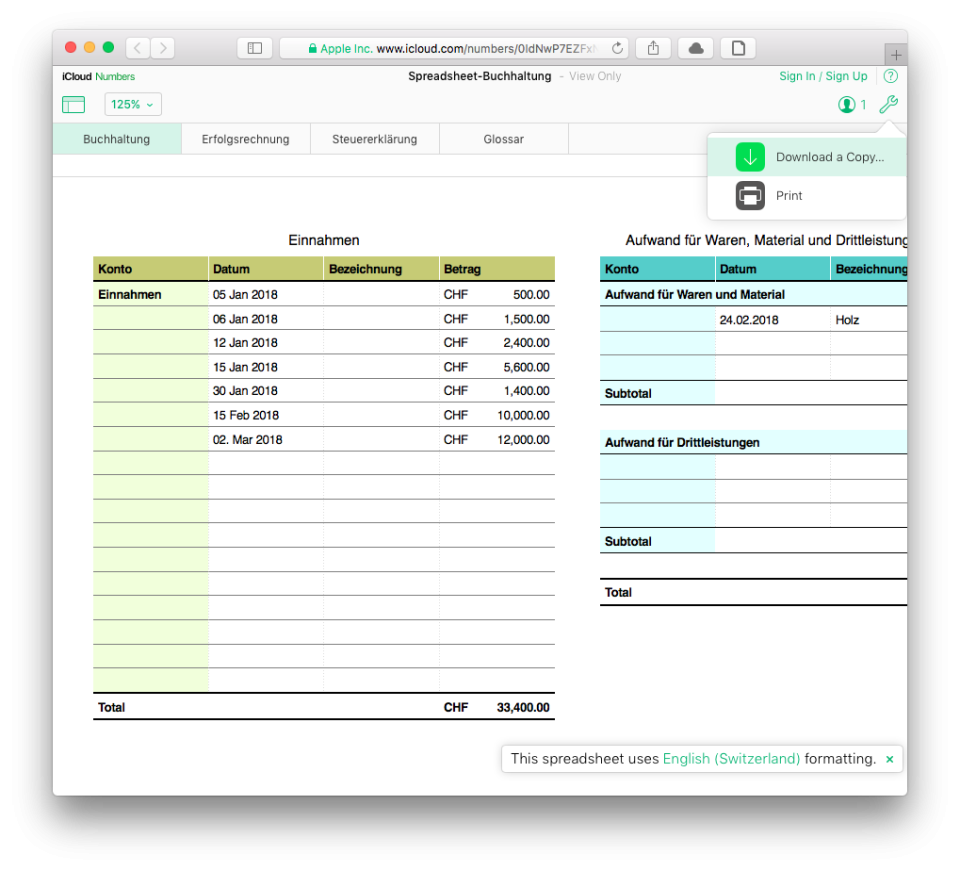 Vorlage Buchhaltung in Excel/Numbers für selbstständige Kreative und Designer